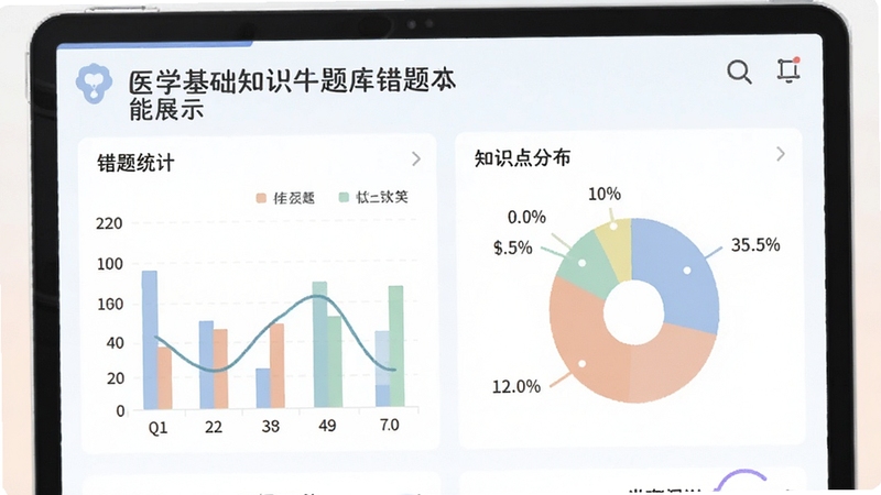 医学基础知识牛题库错题本功能展示,页面显示错题统计图表和知识点分布,色彩柔和,视觉直观