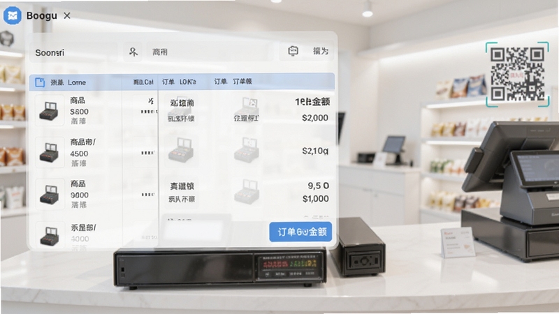 商业收银系统主界面截图,显示商品列表、订单金额、收款二维码,背景为明亮简约的店铺收银台,细节清晰,适配Boogu模型生成