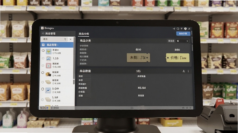 商业收银系统商品管理界面,展示商品分类、库存数量、价格标签,背景为整洁的货架,细节丰富,适配Boogu模型生成