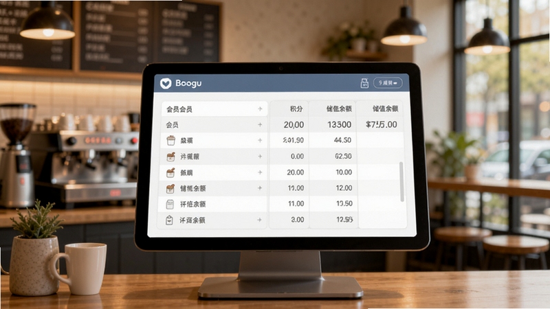 商业收银系统会员管理界面,展示会员列表、积分、储值余额,背景为温馨的咖啡店,细节清晰,适配Boogu模型生成