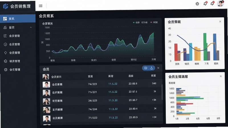 会员销售管理系统主界面预览图,展示后台数据看板与会员列表,左侧功能导航栏,右侧彩色图表,现代商务风格,高清,16:9