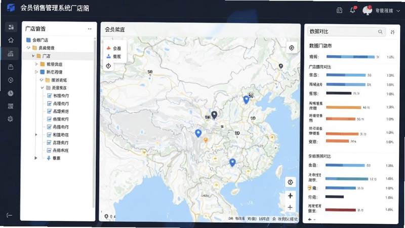 会员销售管理系统多门店管理界面,展示门店列表与地图分布,左侧门店树状结构,右侧数据对比,商务风格,高清