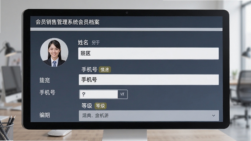 会员销售管理系统会员档案编辑页面,包含头像、姓名、手机号、等级标签等表单,界面清爽,数据清晰,商务风格,高清