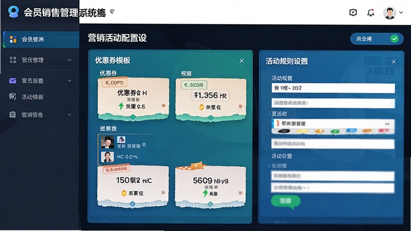 会员销售管理系统营销活动配置界面,展示优惠券模板与活动规则设置,色彩明亮,操作面板清晰,商务风格,高清