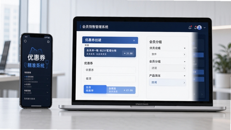 会员销售管理系统营销活动配置界面,展示优惠券创建表单和会员分组选择,背景为智能手机和笔记本电脑,画面突出精准营销主题,风格现代商务