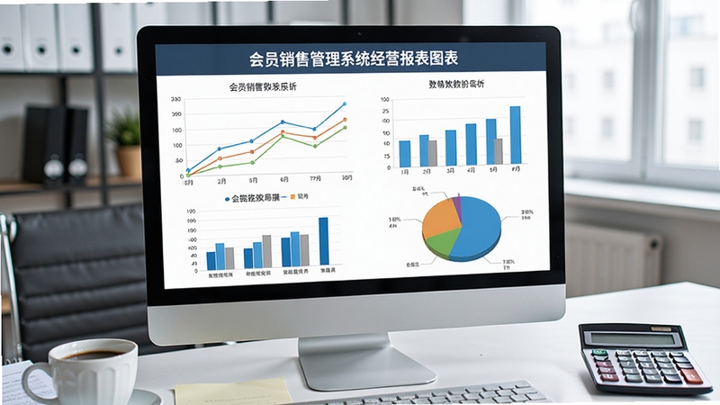 会员销售管理系统经营报表图表界面,屏幕显示折线图、柱状图、饼图,背景为办公室桌面,有咖啡和计算器,画面展现数据分析能力,风格商务严谨
