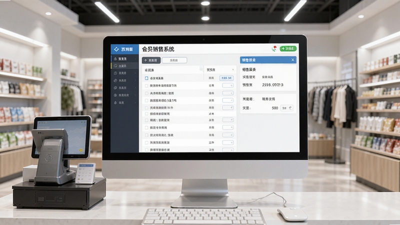 会员销售管理系统主界面预览图,展示收银台、会员列表、销售报表三大核心区域,背景为现代化零售门店环境,电脑屏幕显示系统界面,整体风格明亮清晰,突出软件全貌