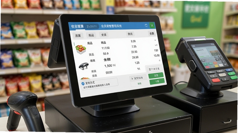 会员销售管理系统收银结算界面,显示商品列表、金额汇总、支付方式选择区,背景为实体门店收银台,扫码枪和POS机可见,画面真实,突出系统操作流畅性