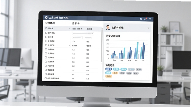 会员销售管理系统会员档案管理功能界面,左侧为会员列表,右侧为会员详情卡片,包含消费记录图表和标签,背景为浅灰色办公环境,电脑屏幕显示软件界面,风格专业清晰