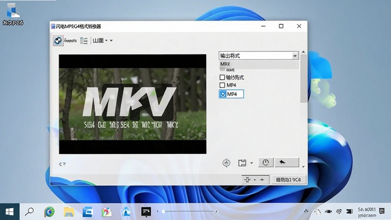 һ��չʾ����MPEG4��ʽת������Windows���������еĽ�ͼ������������ʾ�ѳɹ�����һ��MKV��ʽ����Ƶ�ļ��������ʽѡ��ΪMP4��������Windows 11���棬����������Ȼ���������ơ�����MPEG4��ʽת������λ�ڴ��ڱ�������