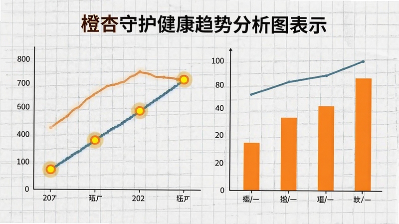 橙杏守护健康趋势分析图表展示,包含折线图与柱状图,背景为浅灰色网格纸风格,图表线条清晰,数据点突出,整体风格专业且易于理解