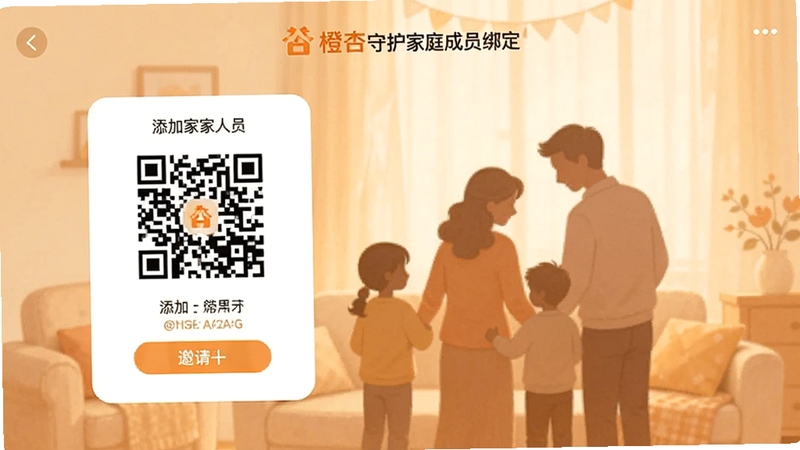 橙杏守护家庭成员绑定界面截图,展示添加家人的二维码邀请页面,背景为温馨的家庭剪影,色调柔和,突出亲情连接与关怀
