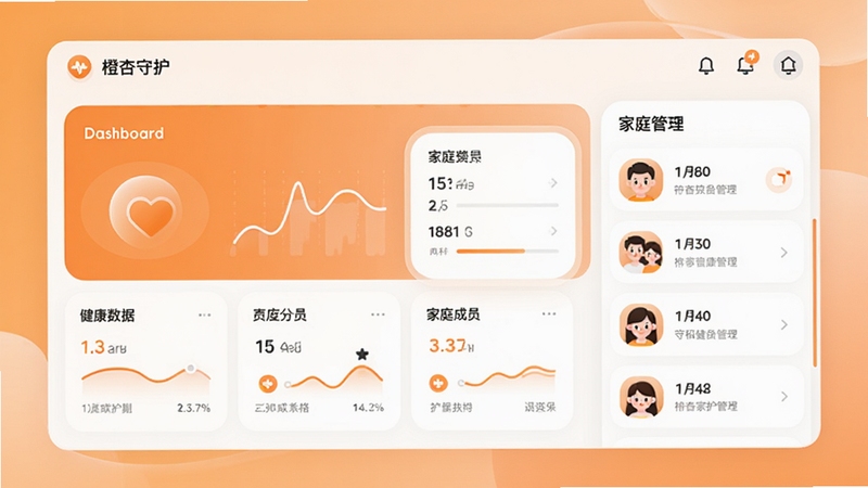 橙杏守护软件主界面预览图,展示健康数据仪表盘与家庭成员管理列表,背景为柔和渐变色,界面风格现代简约,图标圆润清晰,整体色调以橙色和白色为主,突出健康活力感