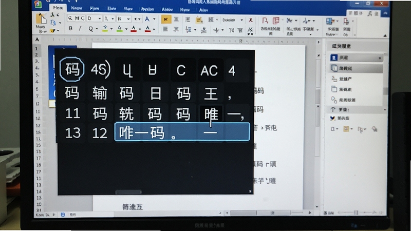 自然码输入系统辅助码功能演示图,屏幕显示输入编码后出现多个候选字,并高亮显示辅助码筛选后的唯一结果,背景为文档编辑环境,突出高效精准