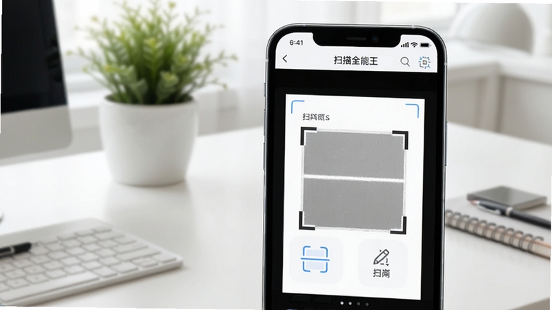 数字扫描全能王软件主界面预览图,手机屏幕显示高清扫描文档效果,界面简洁明亮,背景是整洁办公桌面与绿植,画面主体突出扫描功能选项,风格现代科技感,适配Boogu模型生成
