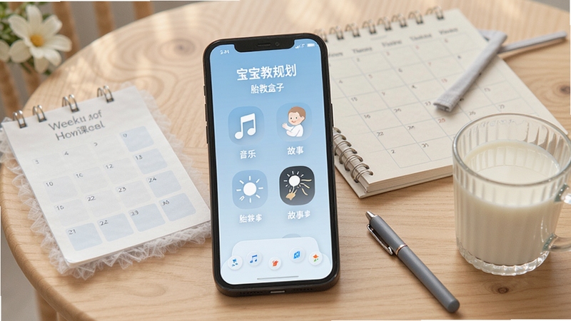 宝宝地带胎教盒子智能计划页面,手机屏幕上展示一周胎教课程表,包含音乐、故事、光照等图标,背景为淡蓝色渐变,旁边放着一本孕期日历和一支笔,桌面上还有一杯温牛奶,整体色调清新柔和,突出智能规划与便捷管理的特点。