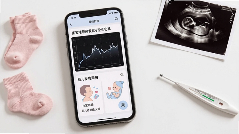 宝宝地带胎教盒子胎动记录功能示意图,手机屏幕显示胎动曲线图和胎儿发育周报,背景是简约的母婴用品桌面,有粉色小袜子、超声波照片和一支体温计,画面干净整洁,突出数据可视化与孕期管理的专业性。