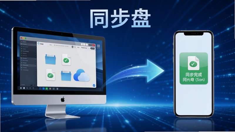 同步盘实时同步功能示意图,左侧电脑屏幕显示文件修改操作,右侧手机屏幕同步显示文件更新完成状态,中间用动态箭头连接,背景为蓝色科技感光效,突出软件名称“同步盘”的实时传输与多设备协同能力,画面现代且富有动感