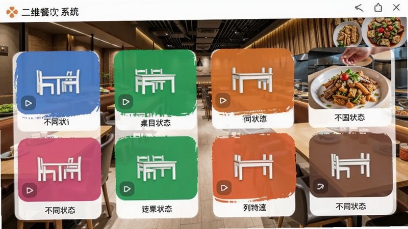 二维火餐饮管理系统桌台管理界面截图,展示不同状态的桌台图标,色彩区分明显,背景为繁忙的餐厅大堂,菜品图片清晰可见