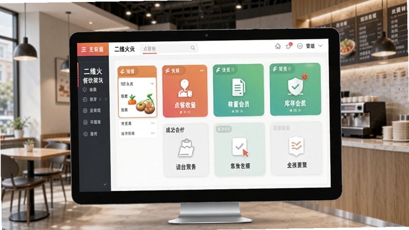 二维火餐饮管理系统主界面预览图,展示点餐收银库存会员等核心模块,背景为现代餐饮店面,画面清晰明亮,突出软件功能布局