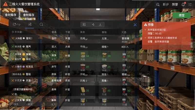 二维火餐饮管理系统库存管理界面,展示食材库存列表与预警提示,背景为后厨仓库货架,食材分类摆放整齐