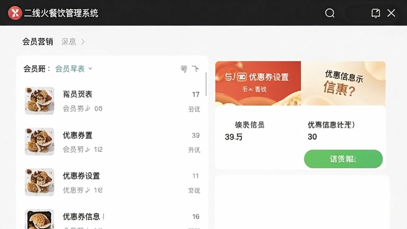 二维火餐饮管理系统会员营销界面,展示会员列表与优惠券设置,背景为手机微信界面,显示会员卡与优惠信息
