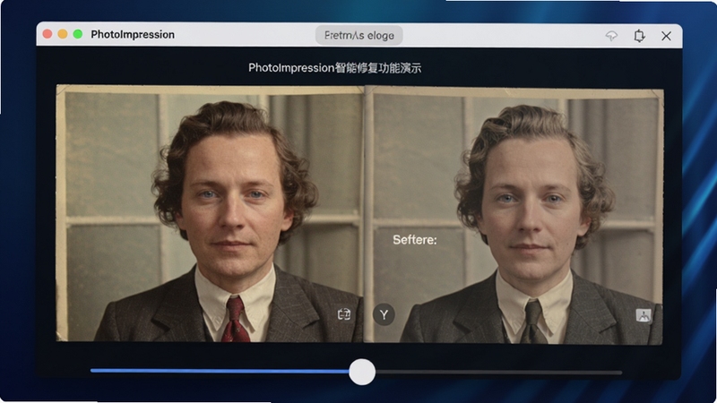 PhotoImpression智能修复功能演示,一张老照片被修复后色彩鲜艳、细节清晰,界面显示修复前后对比滑块,软件名称出现在工具栏,背景为深蓝色渐变