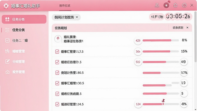 婚事汇婚礼助手软件界面截图,展示婚礼筹备任务清单和倒计时功能,画面分为左右两部分,左侧为任务分类导航,右侧为详细的任务列表和进度条,色彩以粉色和白色为主,界面设计简洁清晰,突出时间管理与任务规划的核心功能