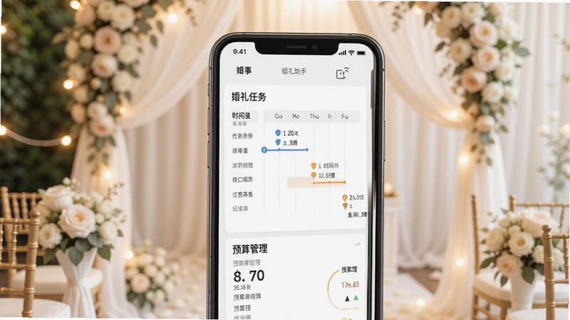 一张展示婚事汇婚礼助手核心功能的软件界面预览图,画面主体为手机界面,上面清晰显示婚礼筹备任务清单、时间轴规划和预算管理模块,背景为温馨浪漫的婚礼现场布置,浅色调,整体风格整洁明亮,细节丰富,突出软件的实用性与美观性