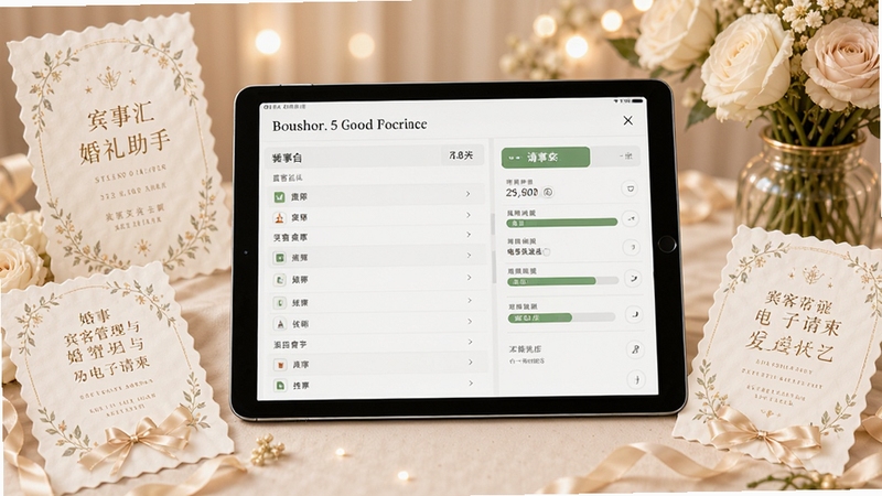 婚事汇婚礼助手宾客管理与电子请柬功能预览图,画面中央展示一部平板电脑,屏幕上显示宾客名单分类和请柬发送状态,周围点缀着精美的婚礼请柬设计元素和花朵,背景柔和,整体氛围温馨,突出社交互动与信息管理的便捷性