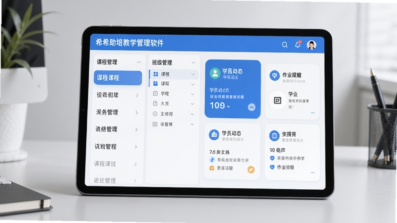 希希助培教学管理软件主界面展示,左侧为课程列表与班级管理面板,右侧为学员动态与作业提醒卡片,整体采用蓝白配色,界面清爽,图标圆润,背景为浅灰色办公桌面,前景为平板电脑展示应用界面,细节丰富,光线柔和。