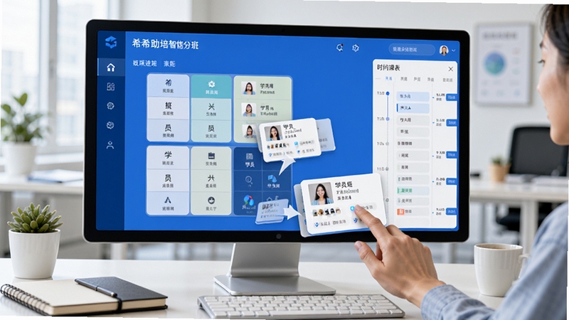 希希助培智能分班功能界面,屏幕中央显示班级矩阵与学员卡片拖拽动画,右侧为时间轴课表,背景为明亮办公室,桌面摆放笔记本与咖啡杯,界面以蓝色为主色调,数据可视化图表清晰,人物操作手势自然。