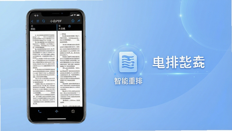 一张功能展示图,画面左侧是一部手机,屏幕中显示小白PDF阅读器的智能重排版对比效果,左侧为原始双栏PDF排版,右侧为经过重排后的单栏大字模式,文字清晰,段落分明,背景为柔和的蓝色渐变,配以“智能重排”的图标和文字说明,整体风格科技感十足,高清细节丰富,图片比例为16:9