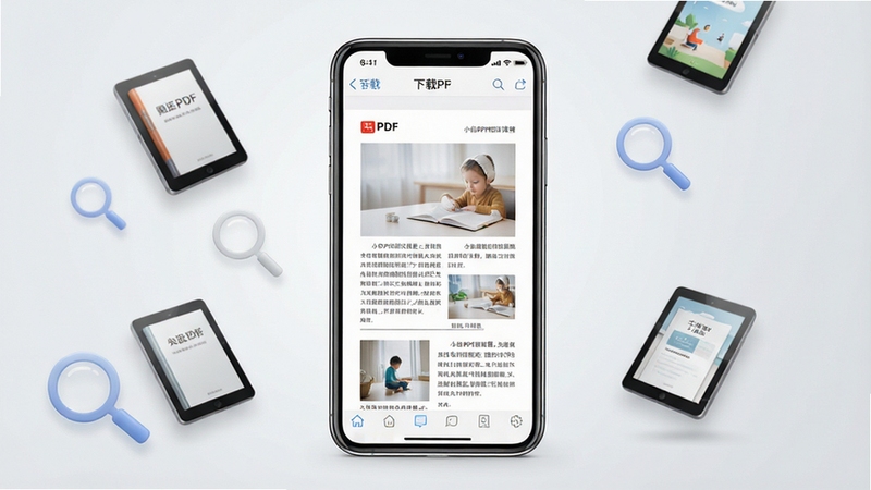 一张干净简洁的产品主视觉图,画面中央是一台智能手机,屏幕中显示小白PDF阅读器的阅读界面,界面展示一份图文混排的PDF文档,文字清晰,排版舒适,背景为浅灰色渐变,周围点缀几本悬浮的电子书和放大镜图标,整体风格现代简约,高清渲染,UI设计精致,突出软件名称“小白PDF阅读器”字样,图片比例为16:9,适合作为软件下载页首图