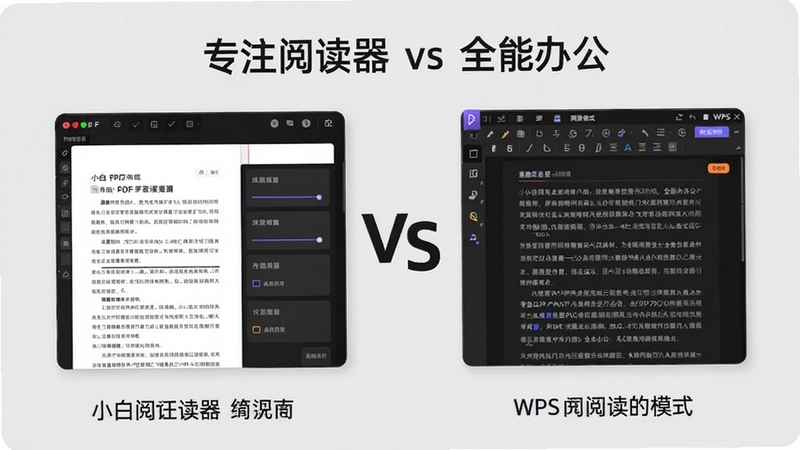 一张对比图表,左侧为小白PDF阅读器的简洁阅读界面,右侧为WPS的阅读模式界面,中间用“VS”分隔,背景为浅灰色,配以文字“专注阅读 vs 全能办公”,画面清晰,风格简洁,突出小白PDF阅读器的清爽特点,图片比例为16:9