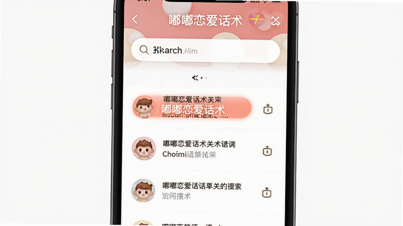 嘟嘟恋爱话术关键词搜索功能演示图,手机屏幕上显示搜索框和搜索结果列表,界面简洁,高亮显示关键词,背景干净,体现软件名称嘟嘟恋爱话术