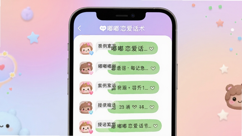 嘟嘟恋爱话术软件主界面预览图,展示手机屏幕上的聊天案例列表,背景柔和渐变,界面清爽整洁,图标圆润可爱,整体风格现代简约,突出软件名称嘟嘟恋爱话术