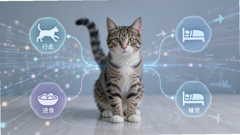 ABM智能行为识别功能示意图,画面中央是一只宠物猫,周围环绕着行为标签图标(行走、进食、睡觉),背景为半透明的数据流线条,整体色调柔和,突出AI识别与自动化分析的特点