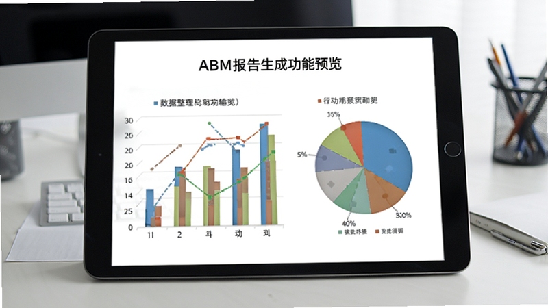 ABM报告生成功能预览,画面为平板电脑上显示的彩色行为统计图表,包括柱状图和饼图,背景为办公桌面,整体风格商务简洁,强调数据整理与可视化输出
