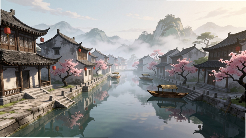 一念剑歌游戏场景预览图,展示一处江南水乡风格的城镇,河道两旁是古建筑,桃花盛开,远处有青山薄雾,水面倒影清晰,光影柔和,色彩淡雅,整体画面宁静唯美,突出水墨渲染风格