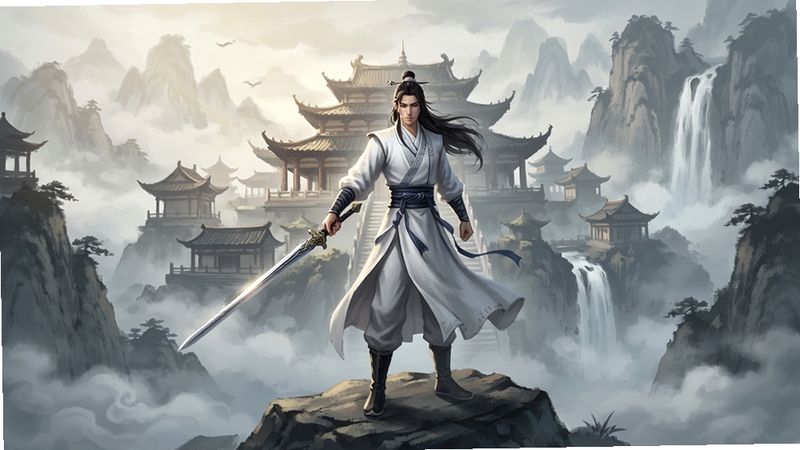 一念剑歌游戏全貌预览图,画面中央一位白衣剑客手持长剑立于云雾缭绕的山巅,身后是恢弘的仙宫楼阁,背景为水墨风格的远山与飞瀑,整体色调淡雅,光影层次分明,突出仙侠意境与角色细节,适合作为游戏宣传图