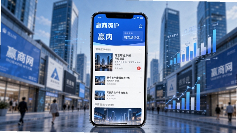 赢商网APP开屏界面概念图,展示了商业地产城市综合体与数据图表元素,画面主体为手机屏幕内呈现赢商网首页信息流,背景为模糊的现代都市商业街区与摩天大楼,整体色调蓝白相间,科技感与专业感并重,采用高清渲染风格,突出资讯聚合与行业深度。