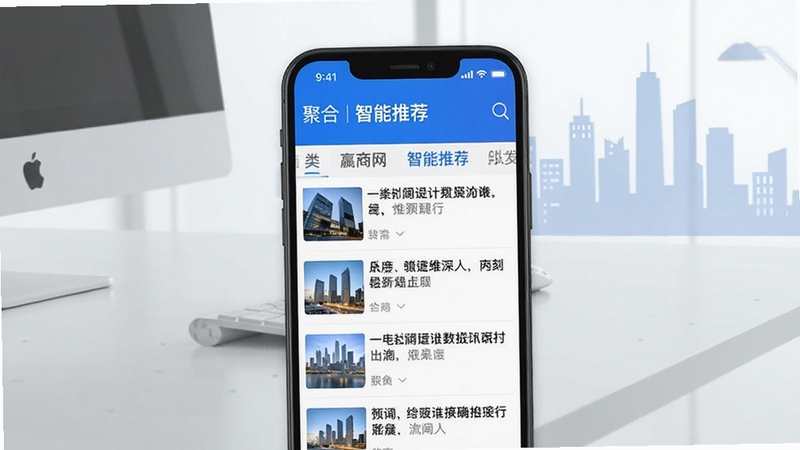赢商网APP资讯浏览界面截图风格图片,前景为手机界面展示新闻列表与分类标签,背景为浅灰色桌面与城市剪影,画面清晰明亮,突出内容聚合与智能推荐功能,色调以白色和蓝色为主,干净专业。