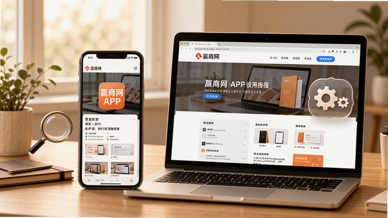 赢商网APP使用教程场景图,画面为一部智能手机和一台笔记本电脑并排摆放,屏幕中显示赢商网界面,旁边有放大镜和设置齿轮图标,背景为整洁办公桌,色调温馨,强调多设备操作与设置指导。