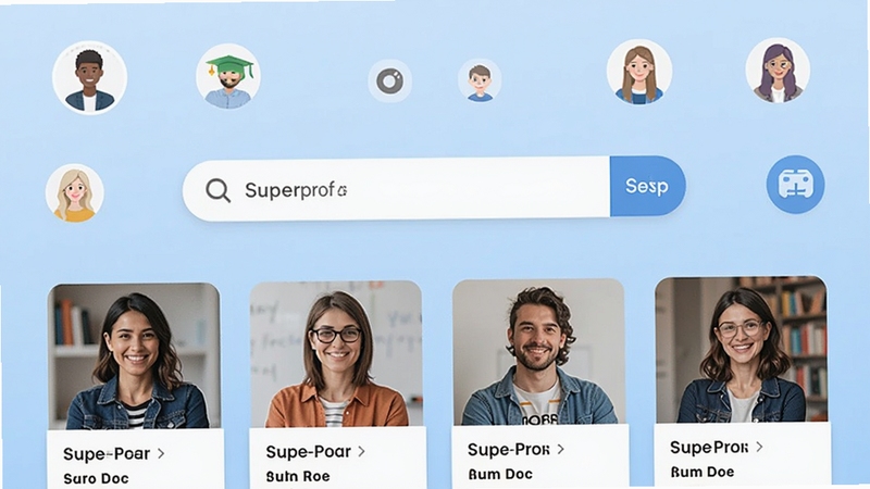 Superprof Ӧ��������չʾ��������������������Ƽ���ʦ��Ƭ�б�������Ϊ����ɫ���䣬����ͼ��Ϳγ̷���ͼ���׺���У���������������ͻ�����߽���ƽ̨����