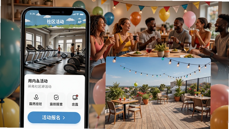 Stey酒店&公寓APP社区活动页面,展示健身房与露台照片,用户界面有活动报名按钮,背景是热闹的社群聚会场景,色彩活泼,体现社区氛围