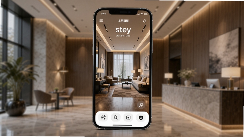 Stey酒店&公寓APP主界面预览图,画面中央是手机屏幕展示的公寓内部实景,背景为模糊的酒店大堂,现代简约风格,暖色调灯光,体现科技与生活融合,整体氛围高级舒适