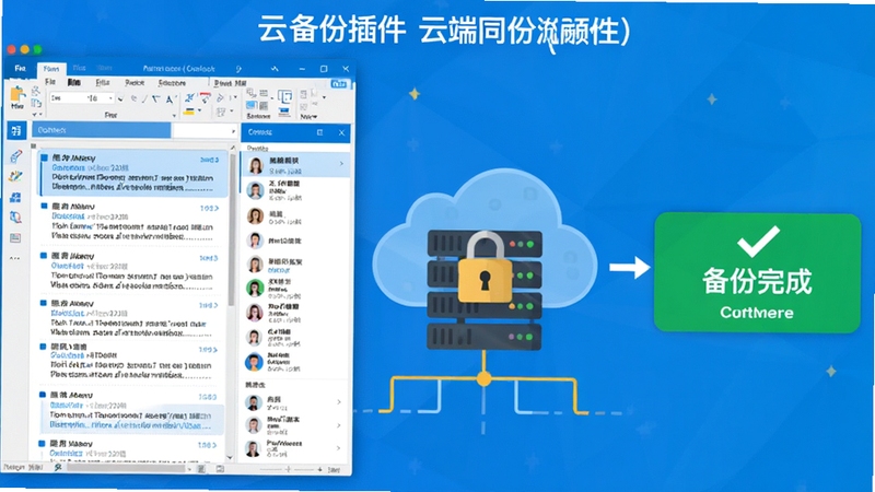 展示蜡笔同步(Outlook插件)云端备份流程的示意图,画面左侧为Outlook界面中多封邮件与联系人列表,中间为带有加密锁图标的云服务器,右侧显示“备份完成”的绿色提示,整体风格扁平化,色彩明亮,突出数据安全与自动化的特点。
