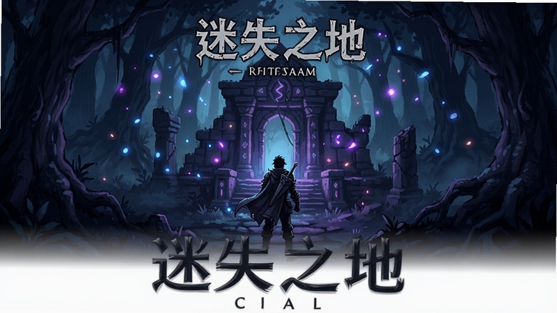 迷失之地(steam移植)游戏全景预览图,展示游戏暗黑手绘风格的主界面场景,一名孤独的英雄站在神秘遗迹前,背景是幽暗的森林和漂浮的魔法粒子,整体色调以深蓝和暗紫为主,突出神秘与冒险氛围,画面细腻,光影层次丰富,适合作为游戏宣传图。