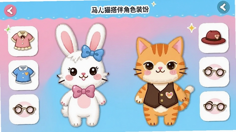 ��è����ɫװ����棬չʾһֻ���ź�����İ�ɫ���Ӻ�һֻ����С���׵���è�������и��ַ��Ρ�ñ�ӡ��۾���װ�����ͼ�꣬����Ϊ����ɫ���䣬������¿ɰ���UI����������ǿ�����Ի����ƹ���